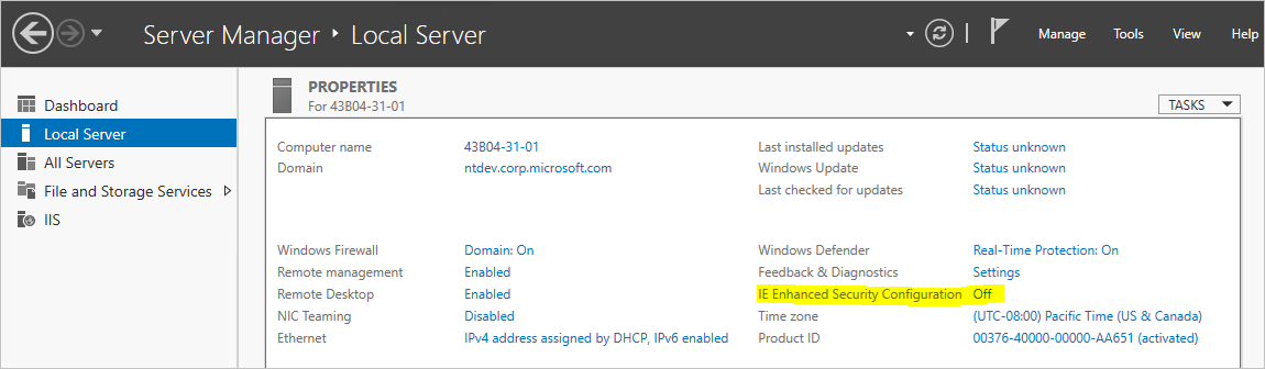 Server Manager UI with the IE Enhanced Security Configuration highlighted.