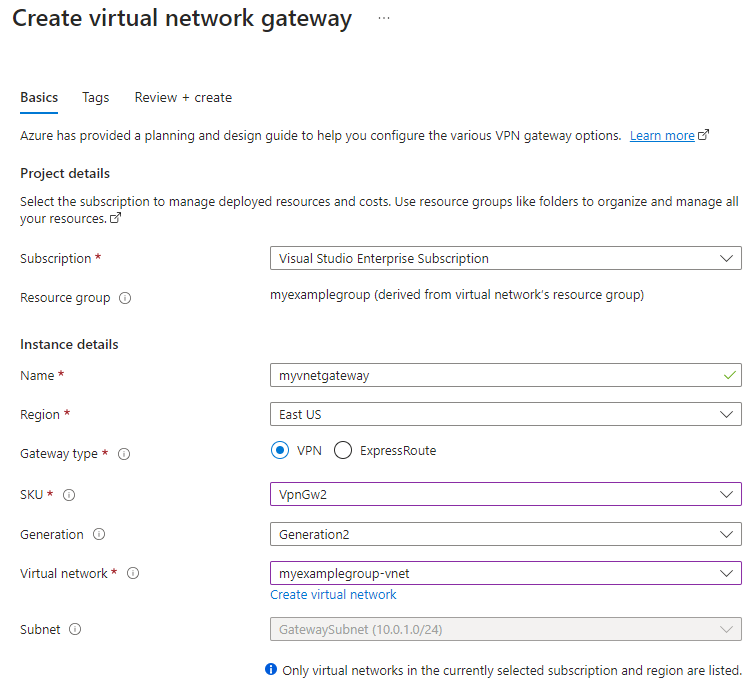 Screenshot showing how to create a virtual network gateway using the Azure portal.