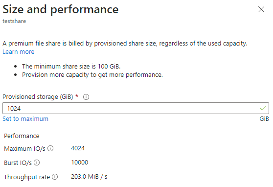 A screenshot of the "Size and performance" dialog for provisioned v1 file shares.