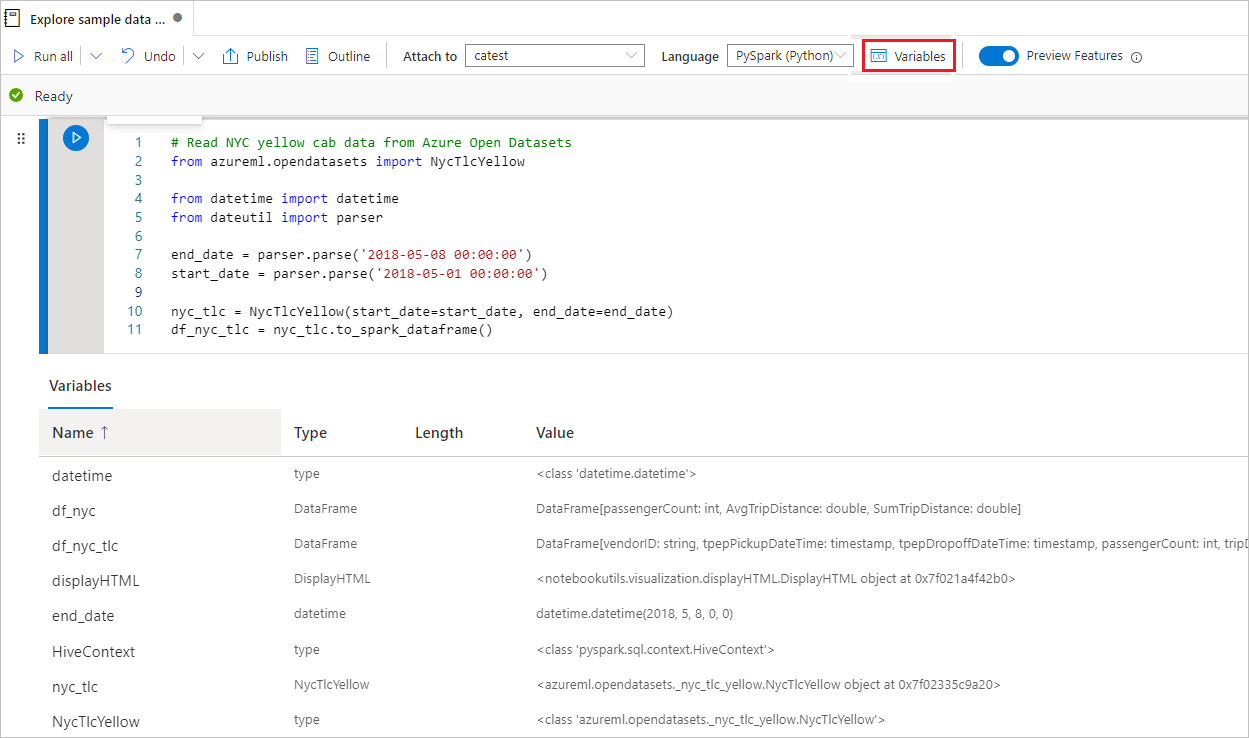 Screenshot of the variable explorer in a Synapse notebook.