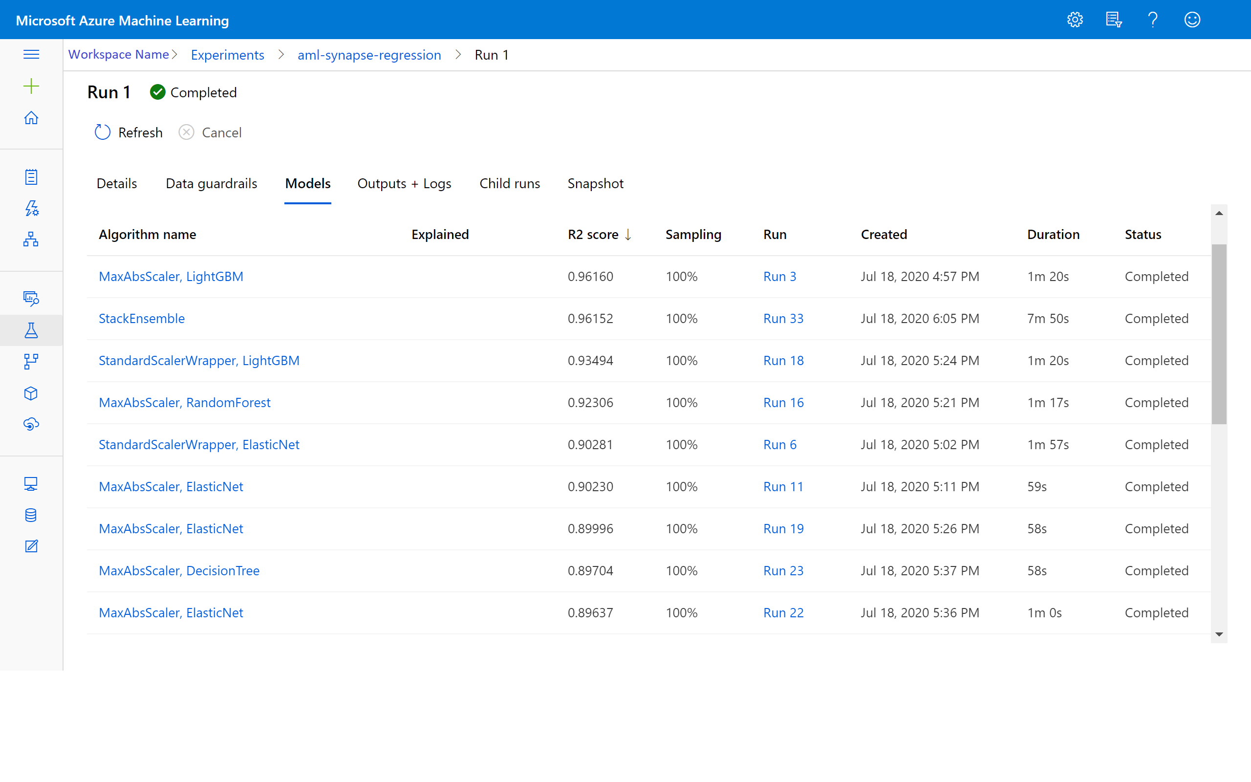 Screenshot of an Azure Machine Learning workspace.