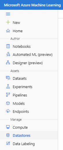 Screenshot of left pane of Azure Machine Learning interface