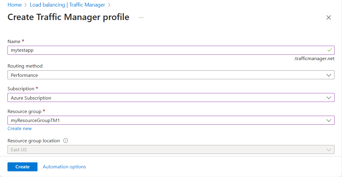 Screenshot of creating a traffic manager profile with performance routing.