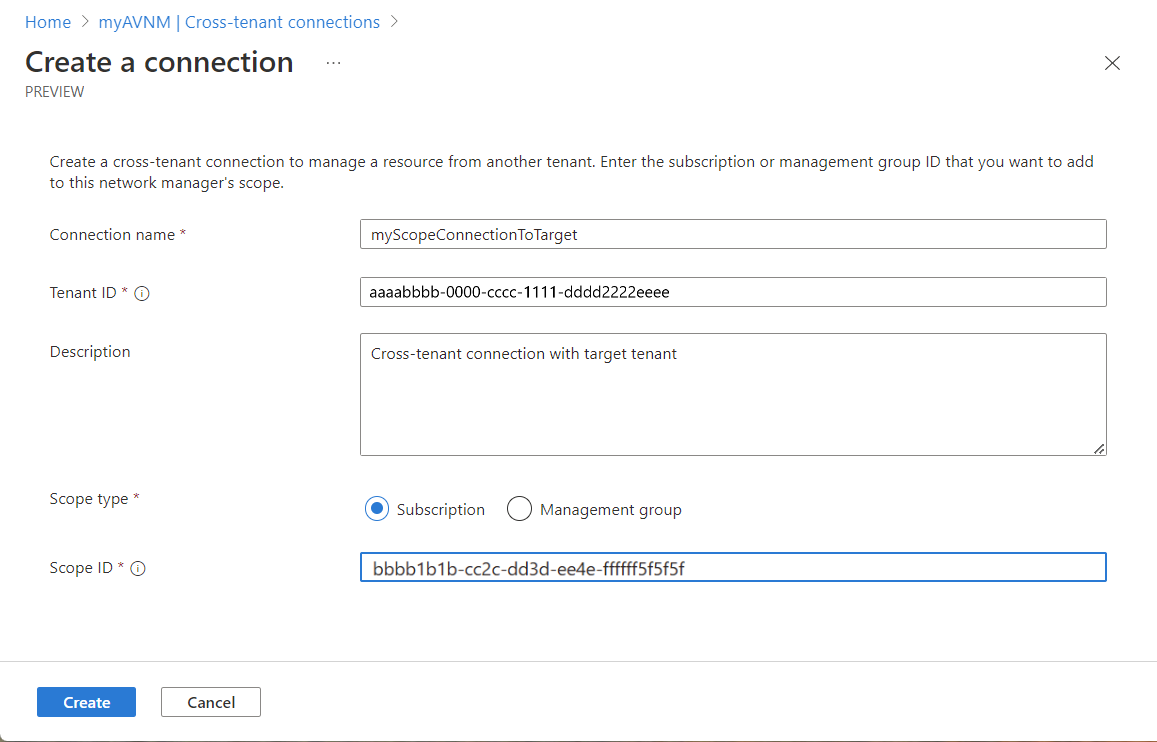 Screenshot of settings entered to create a connection.