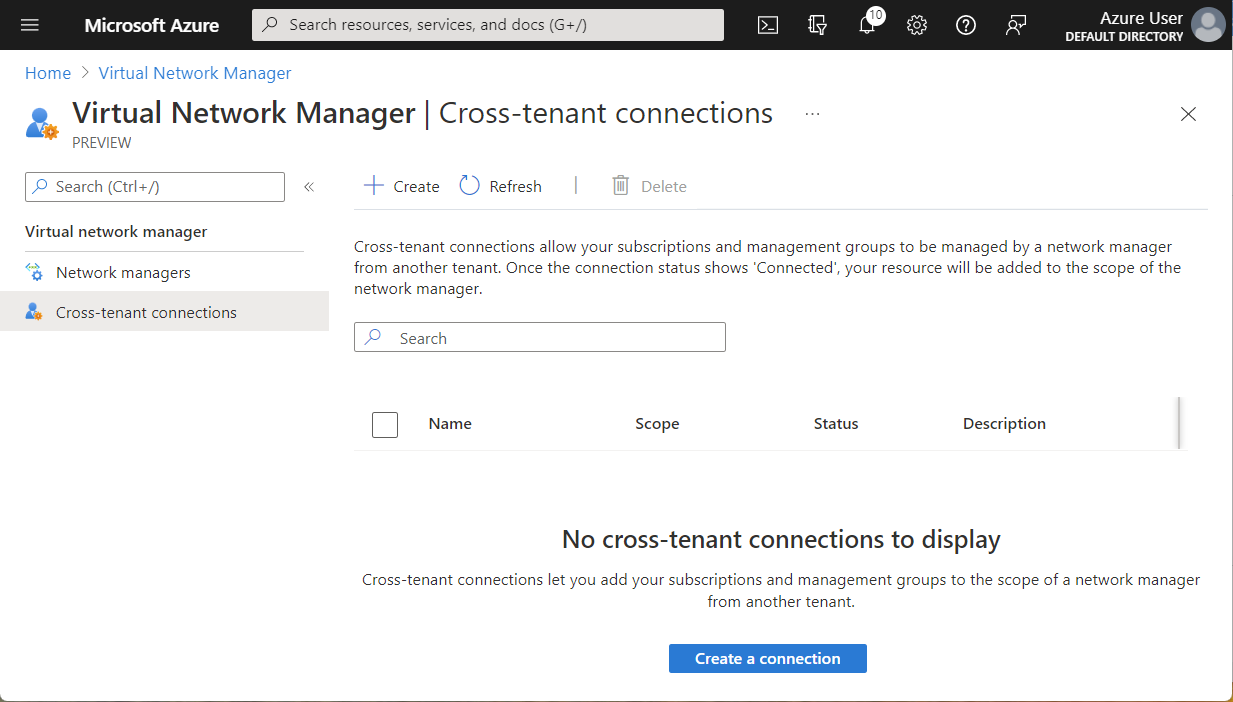 Screenshot of the pane for cross-tenant connections.