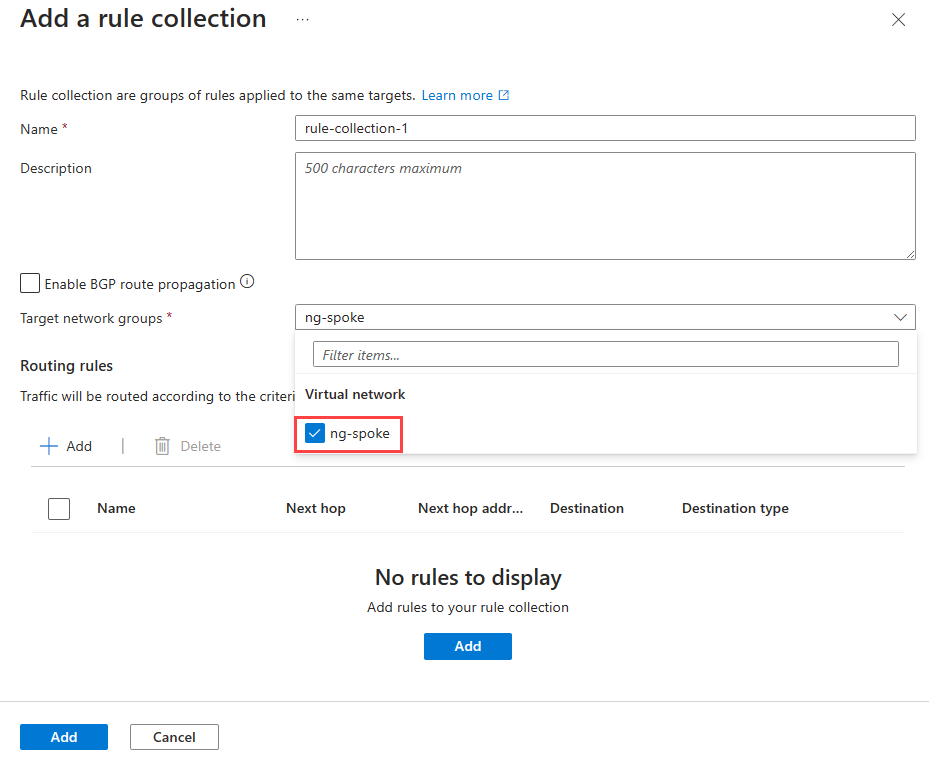 Screenshot of Add a rule collection window with target network group selected.