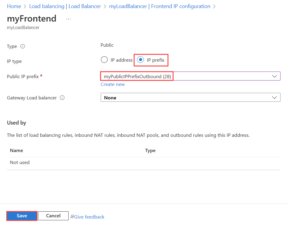 Screenshot of changing the public IP prefix of the load balancer.