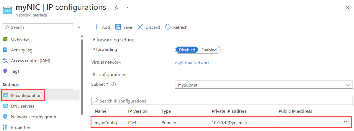 Screenshot of change I P configuration page in Azure portal.