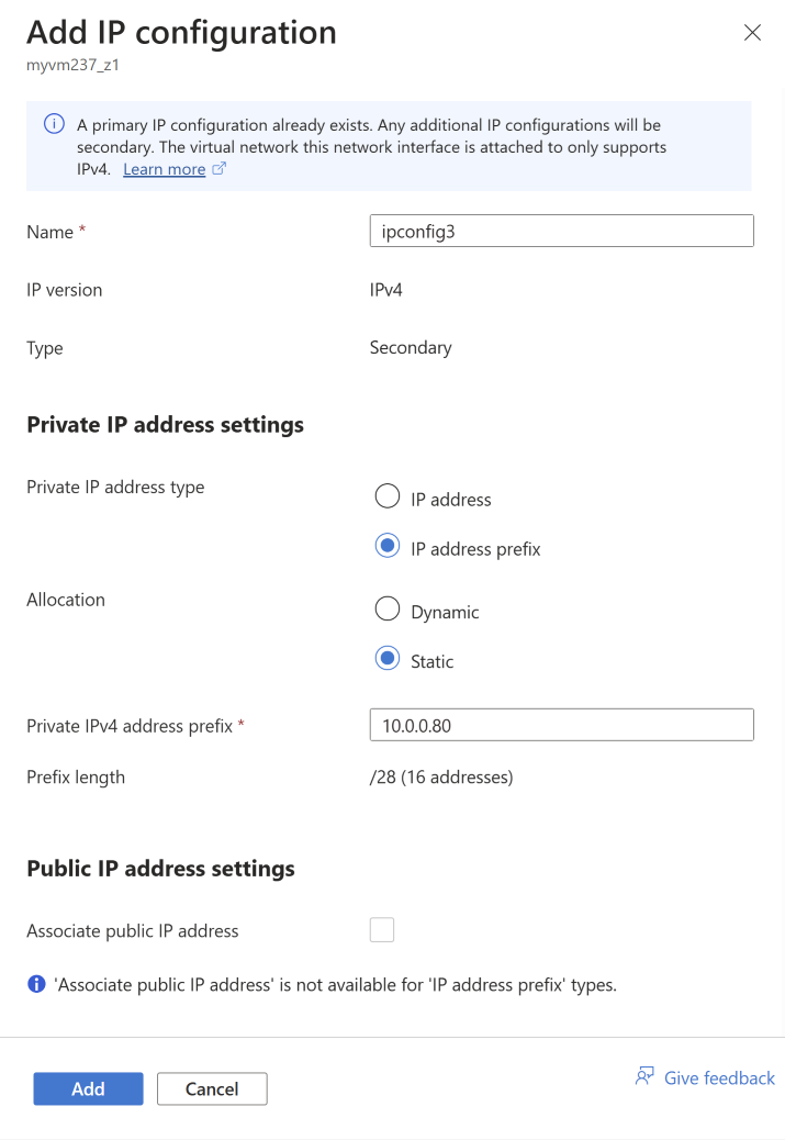 Screenshot of Add static IP configuration for a private IP address block.