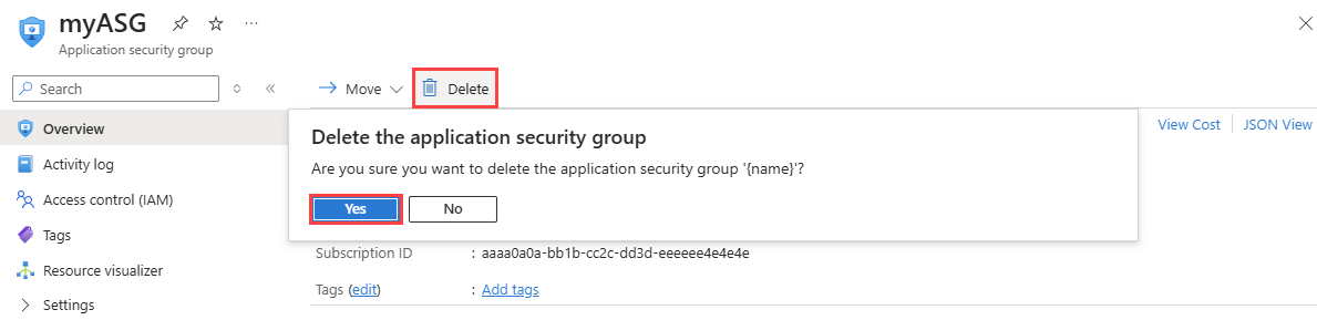 Screenshot that shows deleting an application security group in the Azure portal.