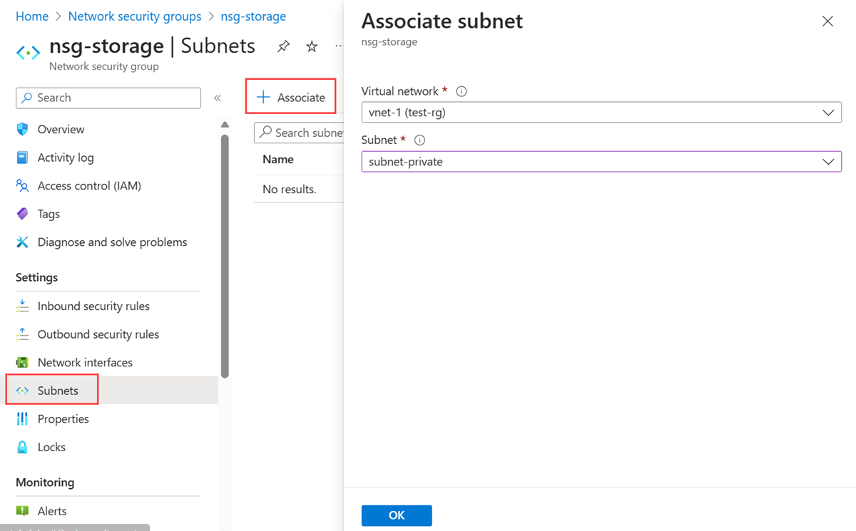 Screenshot of private subnet associated with network security group.