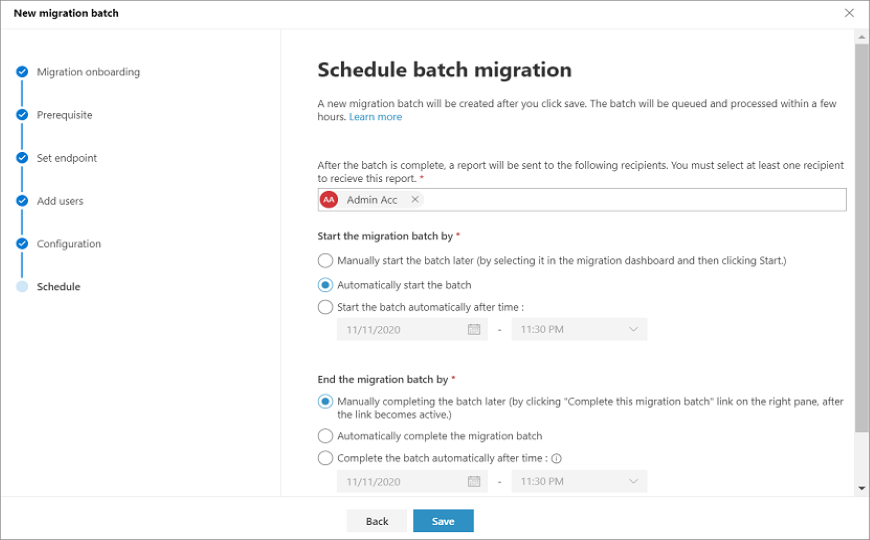 Screenshot of how to schedule batch migration.