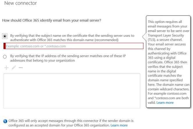 Screenshot showing the New Connector screen of the Hybrid Connection Wizard for Exchange.