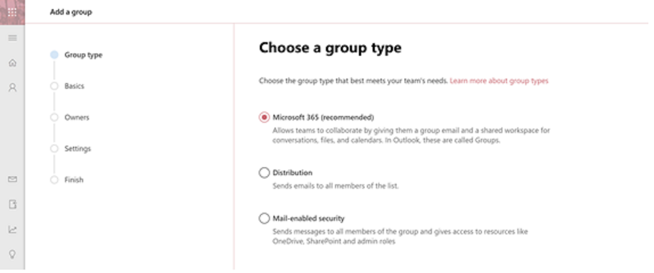 Choose a group type dialog.