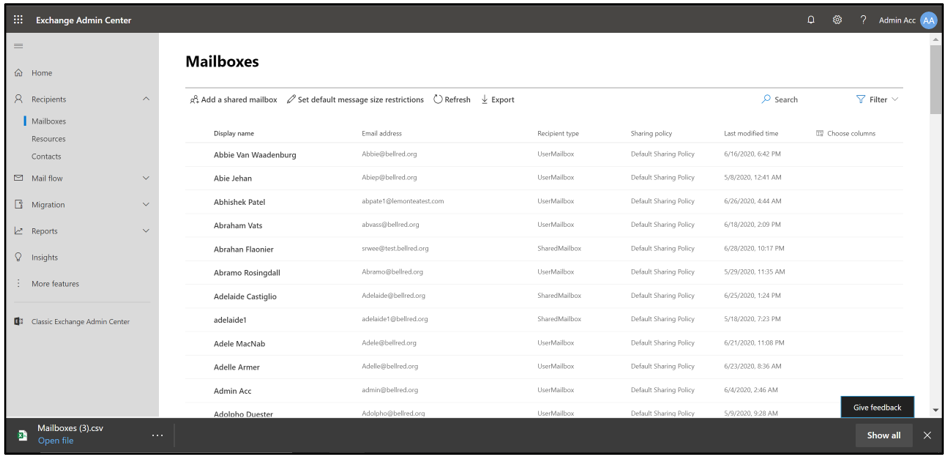 Screen capture of exporting a csv file.