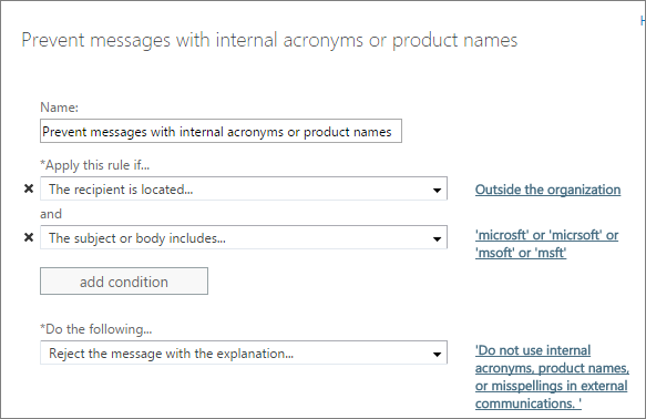 Rule showing blocking a message based on text patterns.