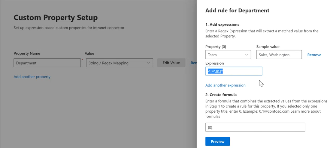 Custom property set up with a rule for Team metadata.