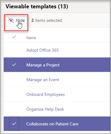 The selected templates with hide highlighted.