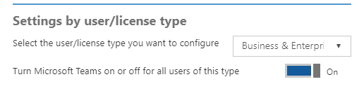 Screenshot of the Teams user/license type setting in the license section in the Office 365 admin center, showing Microsoft Teams as On.