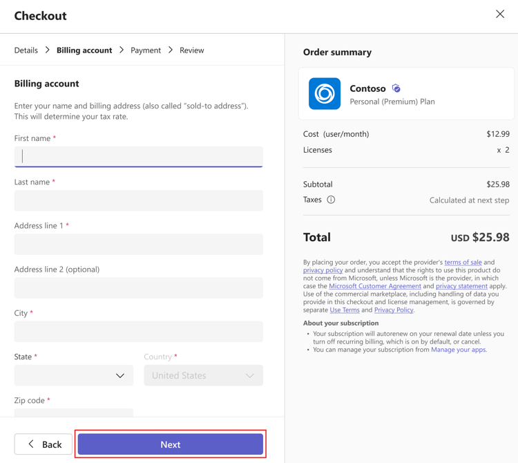 Screenshot showing the billing account name and address when admins purchase an app.