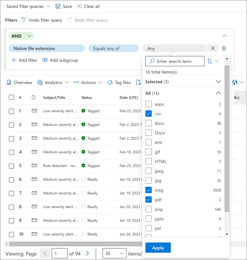 Example query for specific file types in a review set.