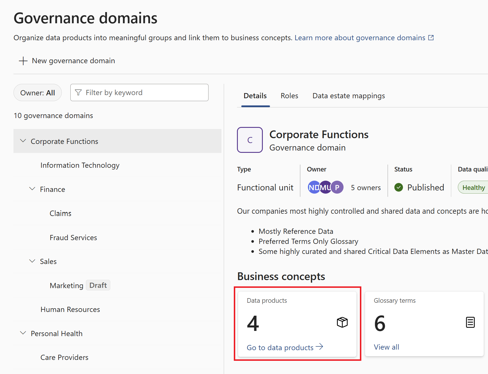 Screenshot of a governance domain's details page, with the data products card highlighted