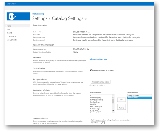 Final Catalog Settings