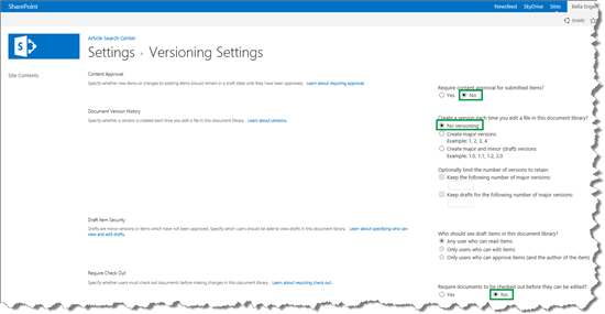 Turn Off Versioning for Pages Library