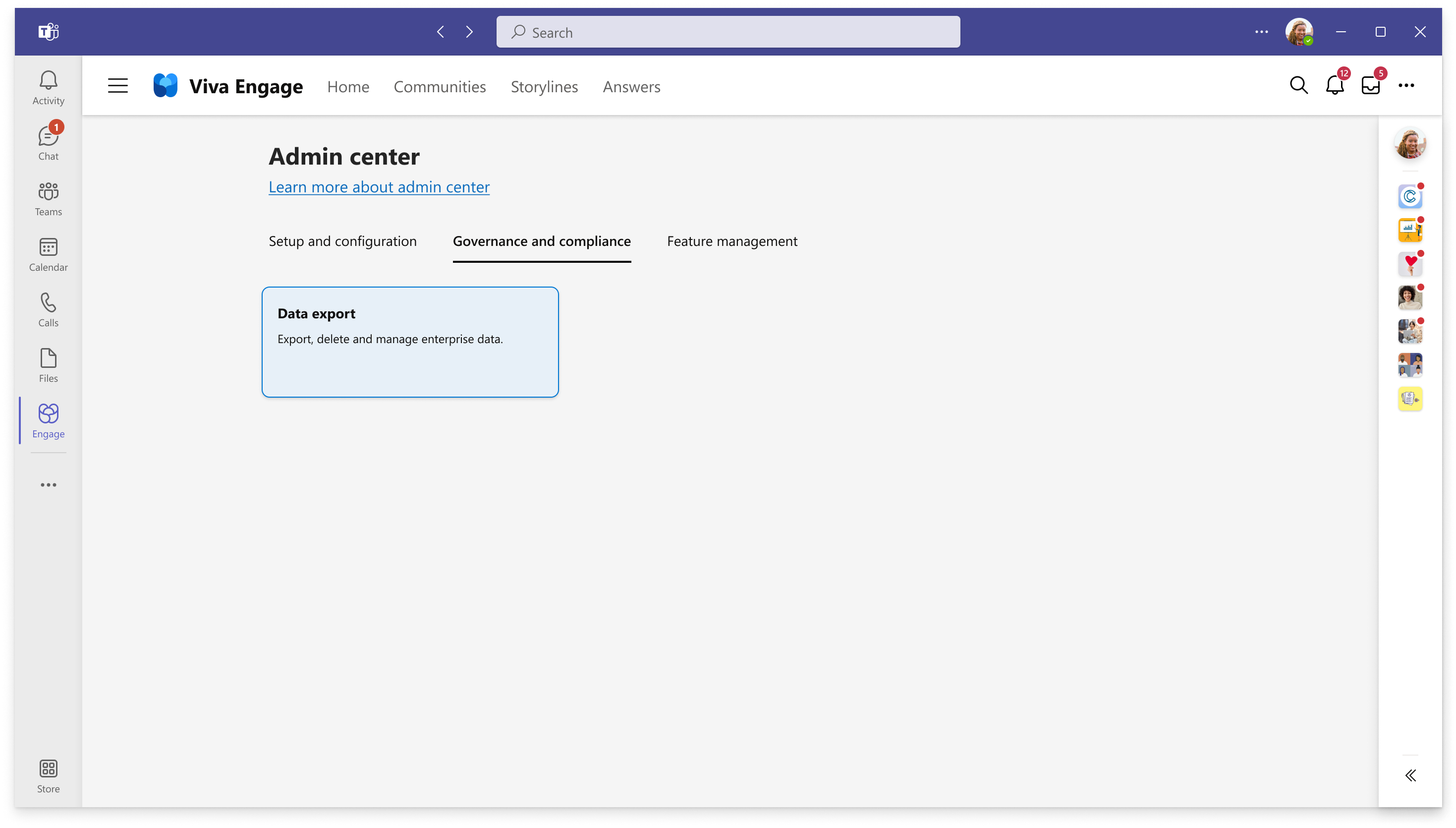 Screenshot shows the Governance and compliance tab where you can find your data export options.