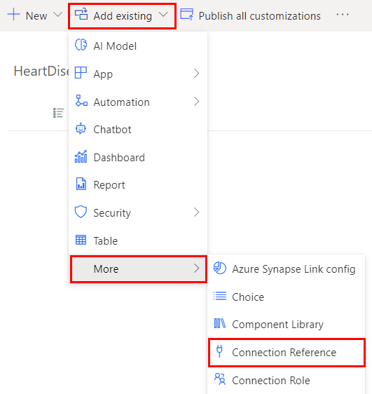 Screenshot of how to add an existing connection reference.