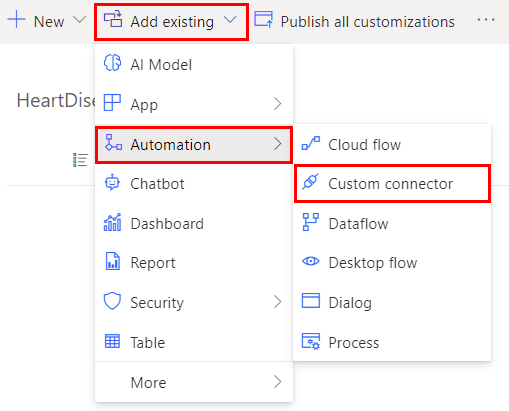 Screenshot of how to add an existing custom connector.