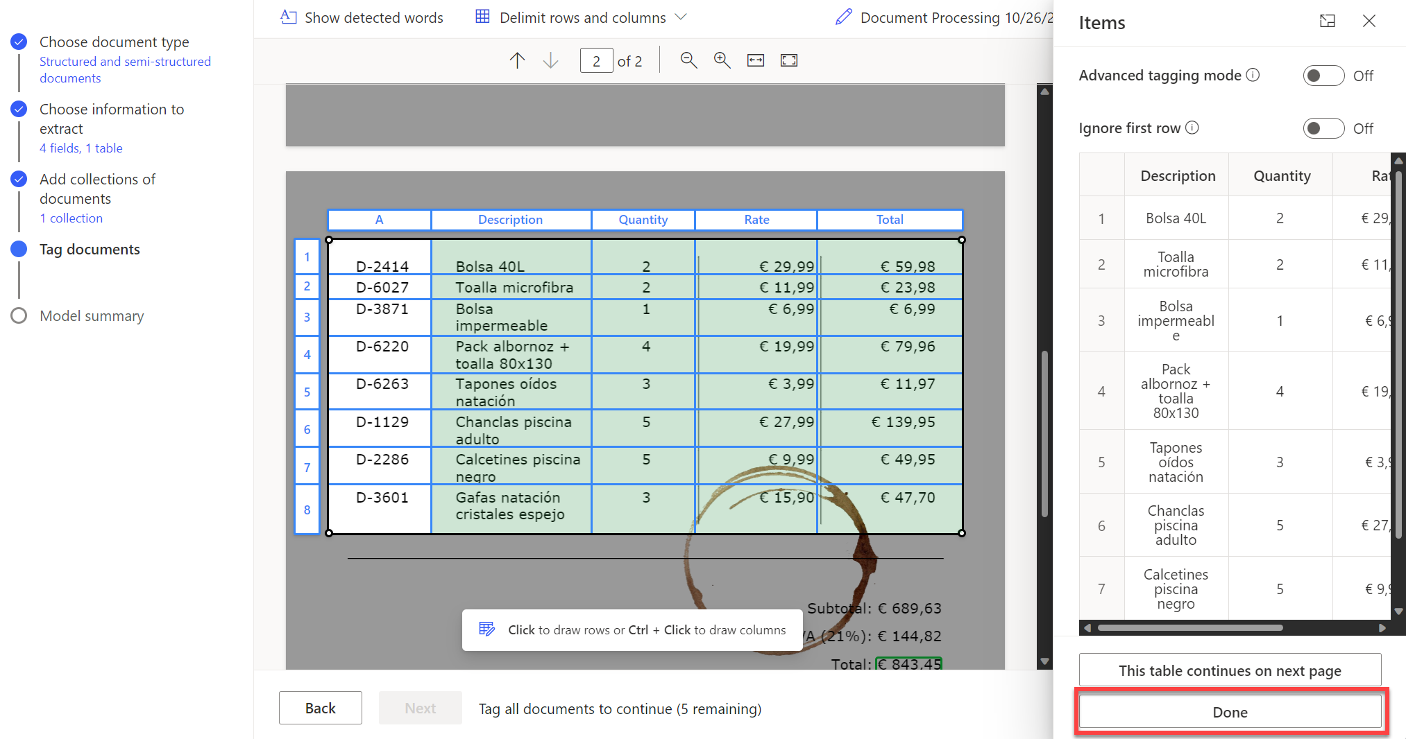 Screenshot showing to select the option ‘Done’ once the table has been tagged in all pages.