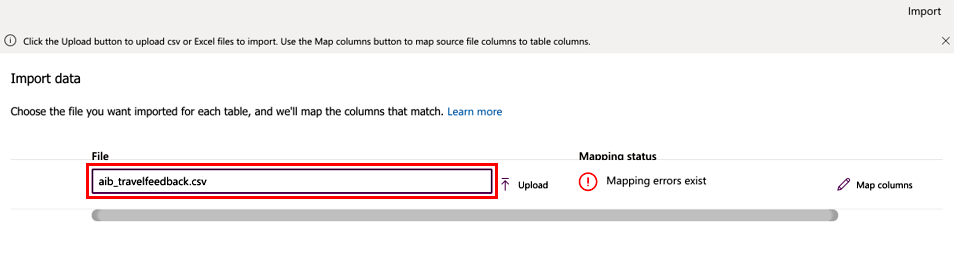 Screenshot of the Import data screen with aib_travelfeedback.csv selected.