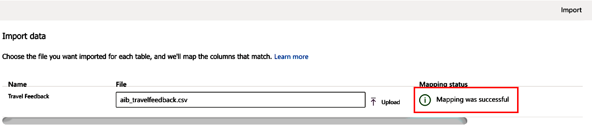 Screenshot of the Import data screen showing that mapping was successful.