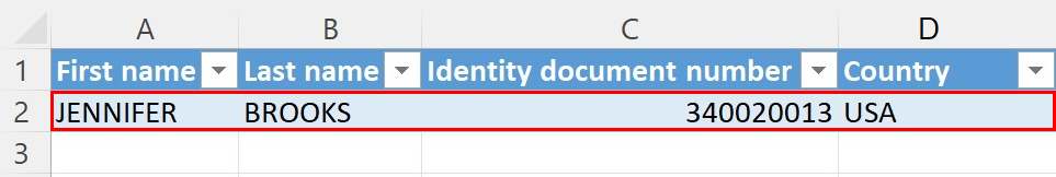 Screenshot of an Excel table with data extracted from an identity document.