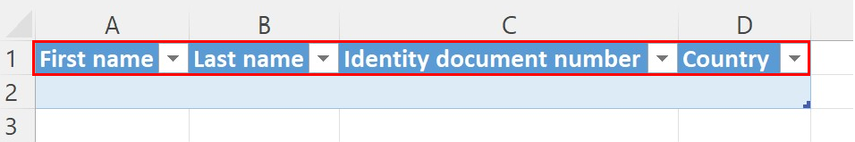 Screenshot of part of an Excel table with four columns named First name, Last name, Identity document number, and Country.