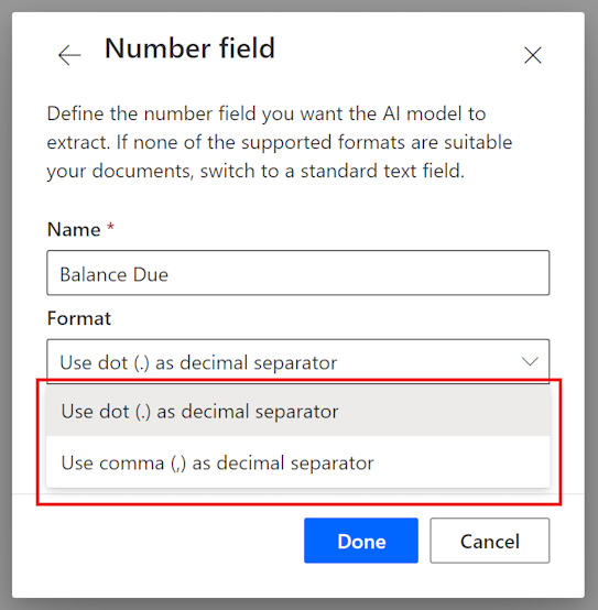 Screenshot of the 'Number field' formats.