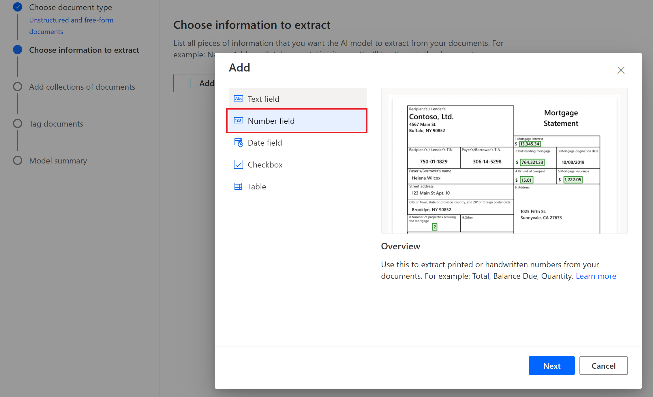 Screenshot of the 'Number field' in the 'Overview'.