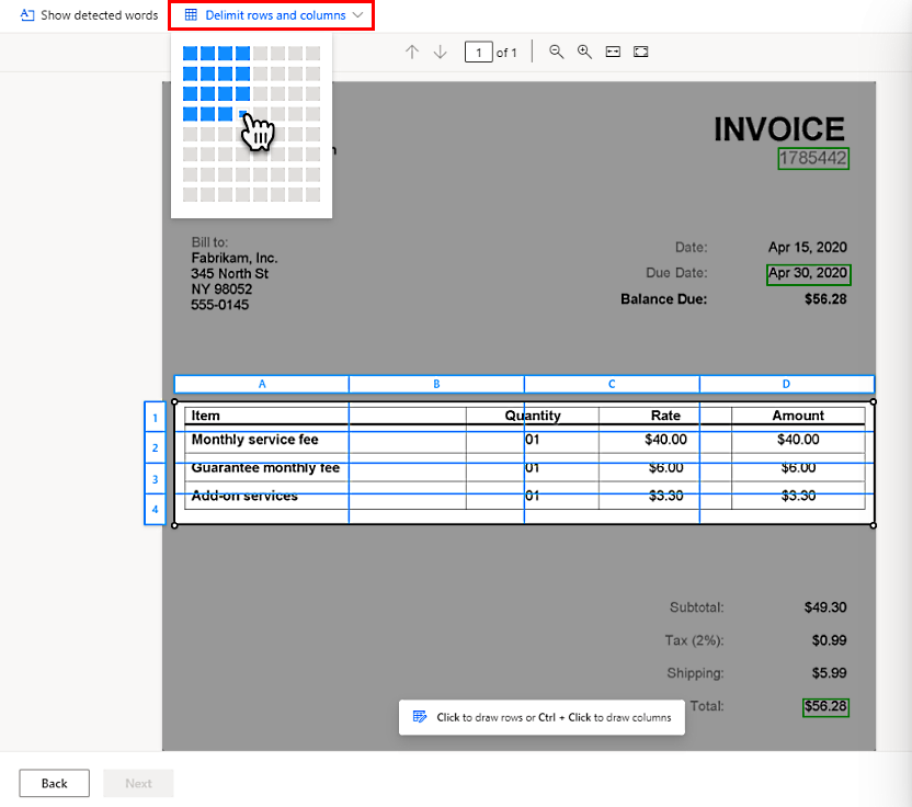 Screenshot of delimit rows and columns.