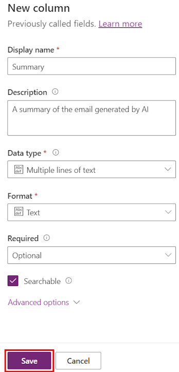 Screenshot of the completed 'New column' dialog.