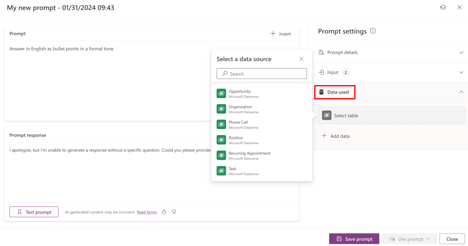 Screenshot of how to select a Dataverse table as data to be used in the prompt builder.