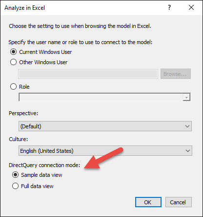 Analyze in Excel DirectQuery options