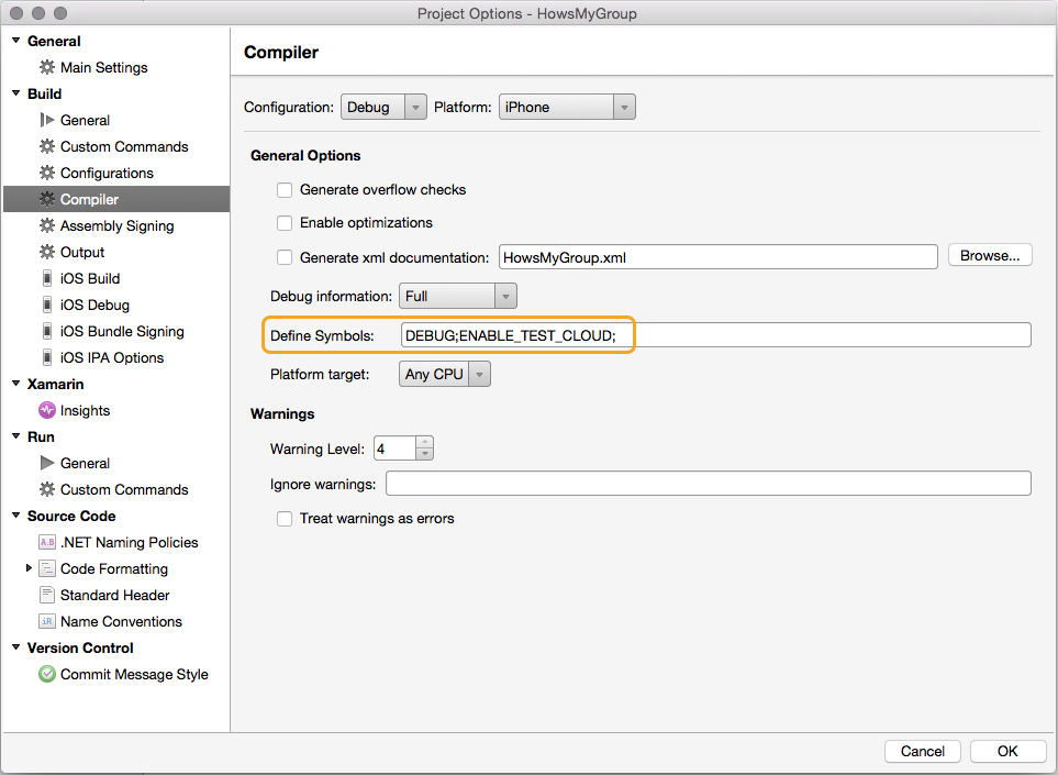 Define symbols option in Visual Studio for Mac