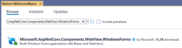 Use Nuget Package Manager in Visual Studio to install the Microsoft.AspNetCore.Components.WebView.WindowsForms NuGet package.