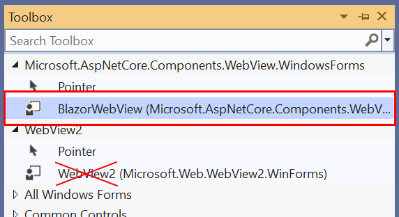 BlazorWebView in the Toolbox.