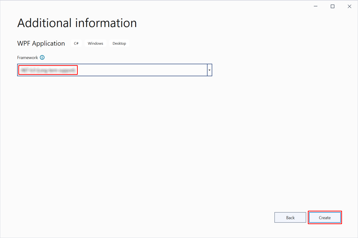 The Additional Information dialog for the WPF project.