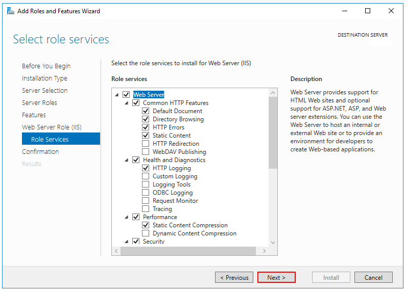 The default role services are selected in the Select role services step.