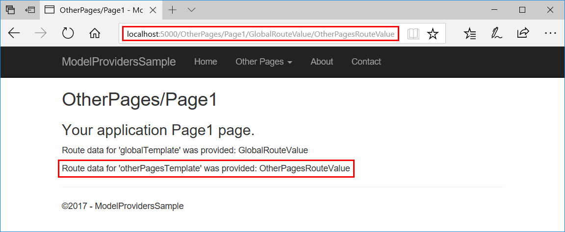 Page1 in the OtherPages folder is requested with a route segment of GlobalRouteValue and OtherPagesRouteValue. The rendered page shows that the route data values are captured in the OnGet method of the page.