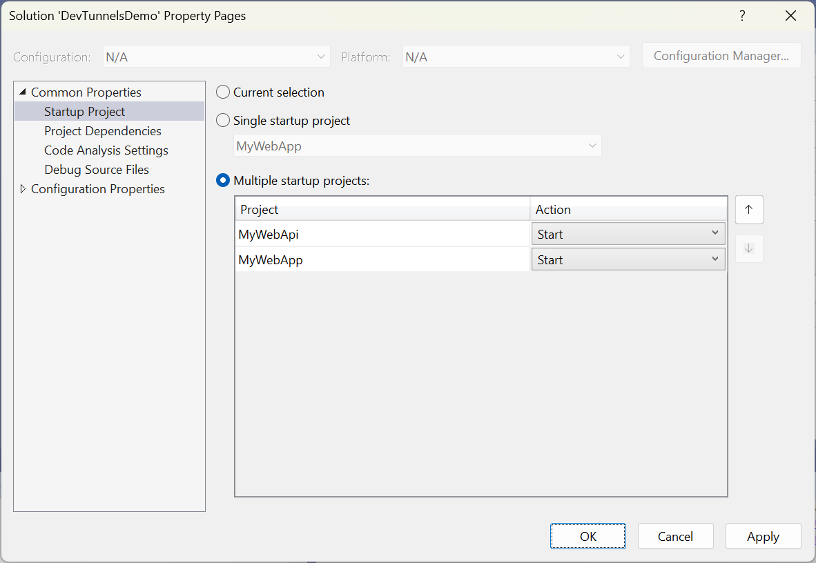 Startup projects selection page showing MyWebApi and MyWebApp both starting, in that order.