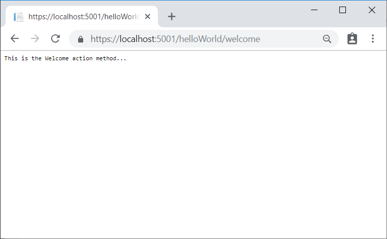 Browser window showing an application response of This is the Welcome action method